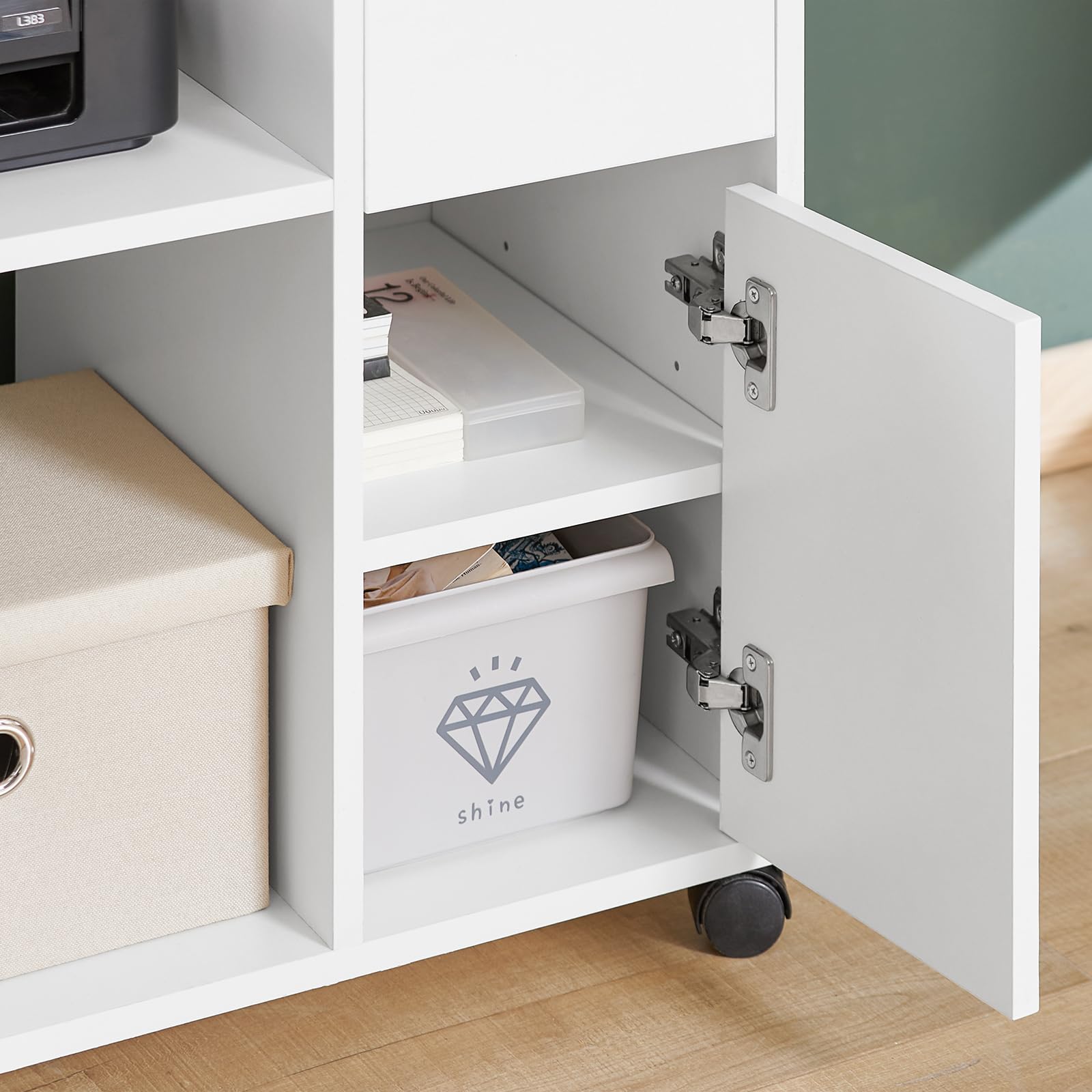 SoBuy Cassettiera con Ruote Portata fino a 38kg 72x40x54cm Ufficio | mobile stampante con cassetto, anta e vano aperto, PB E1 ASK02-W