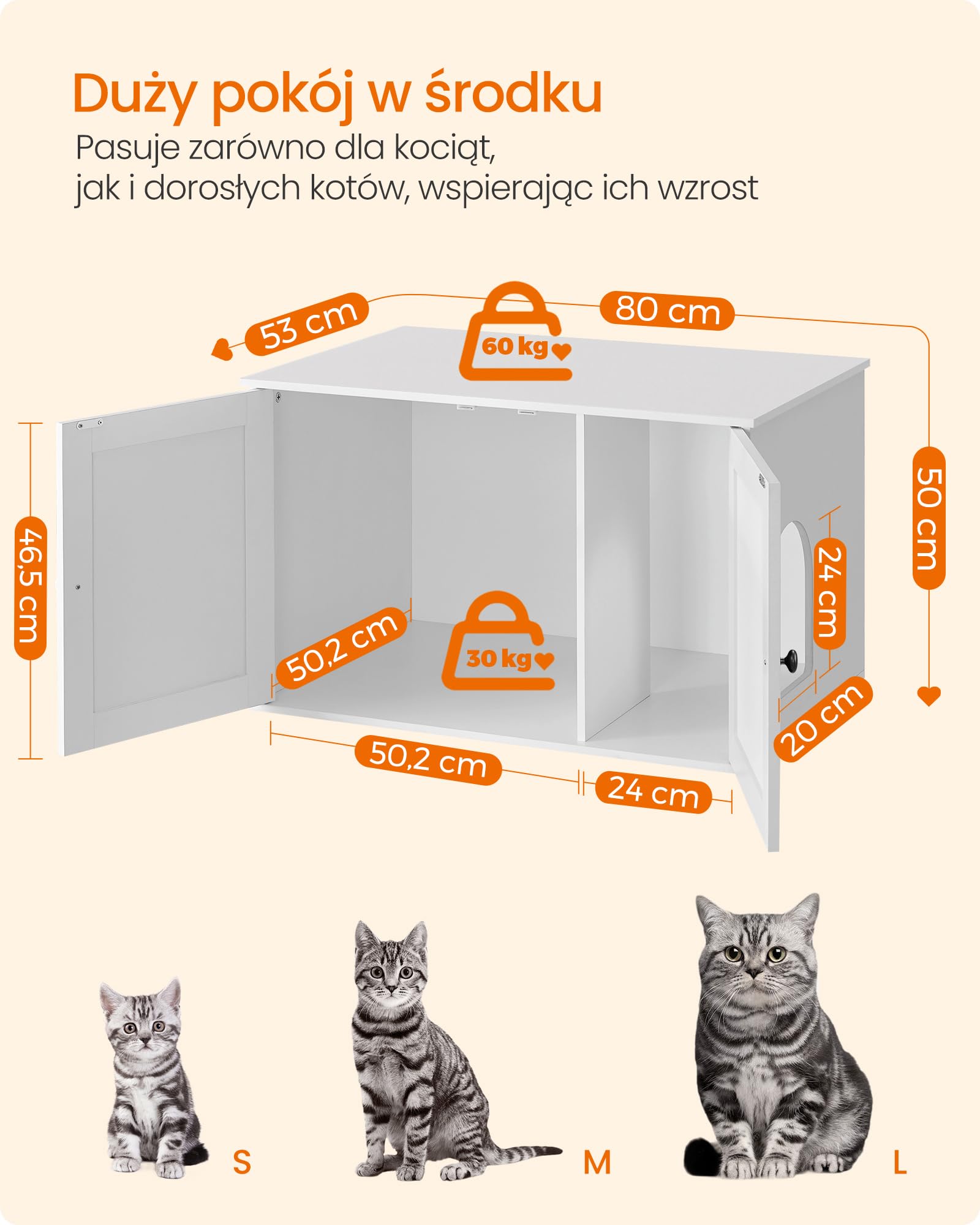 Feandrea Domek toaletowy dla kota, budka, szafka na kuwety dla kota, ze zdejmowaną przegrodą, ociekaczem do kuwety, stolik kawowy, 80 x 53 x 50 cm, biały PCL002W01