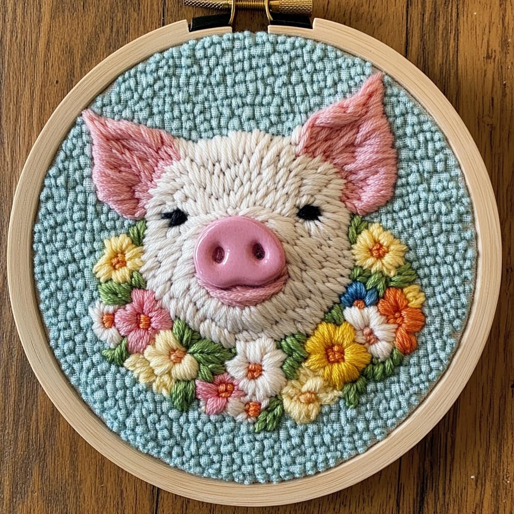 Punch Needle kit for Beginners, Flower-Crowned Pig Pattern, Punch Stitching kit for Adults, Needle Punch Kits for Adults, Animal Craft