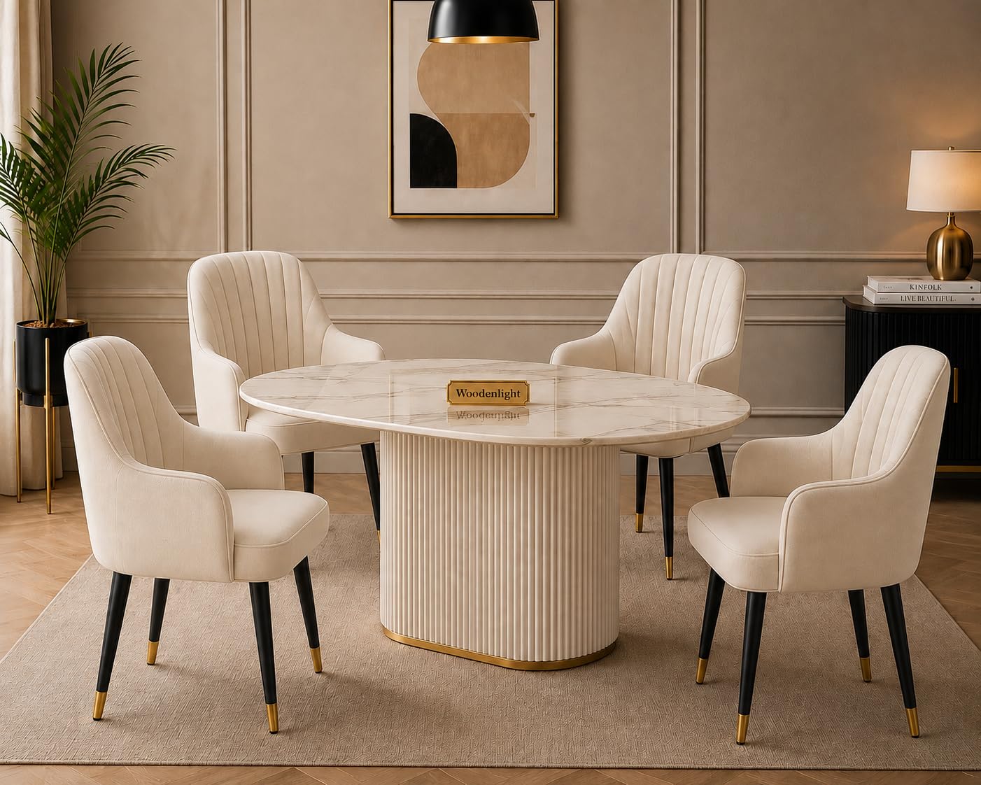 4 Seater Dining Table Set with 4 Chairs | Round Marble Top Dining Table (91x91x76 cm) | White Marble Top, Solid Wooden Base | Sheesham Wood Upholstered Chairs | 2 Year Warranty -Cream-image-32
