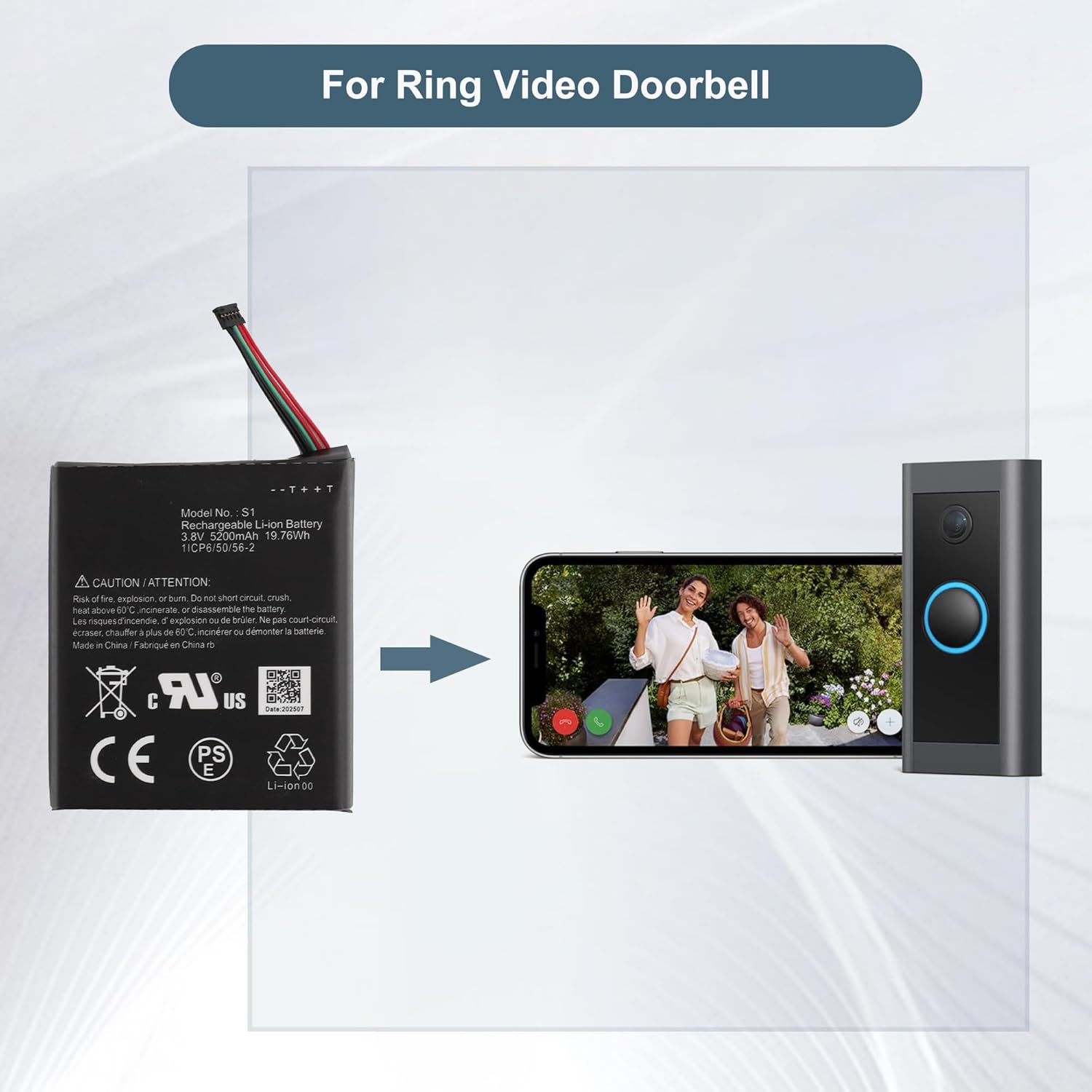 Replacement Battery S1 (5-Pin) Compatible with for Ring Video Doorbell -5 Cable Version ONLY 2020 Release