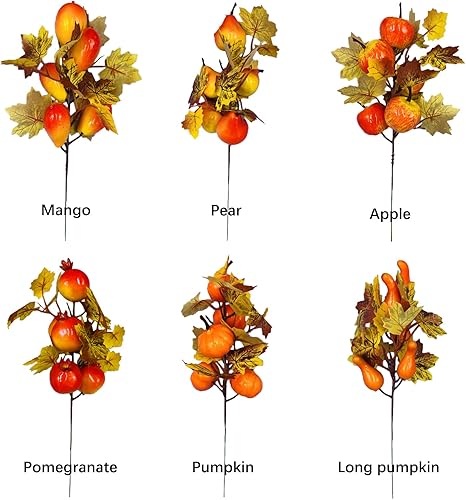 Miniatura 10 de 6 palillos florales de otoño, hojas de arce artificiales de 9.4 pulgadas, tallos de calabaza, bayas, tallos de calabaza para jarrones, selecciones