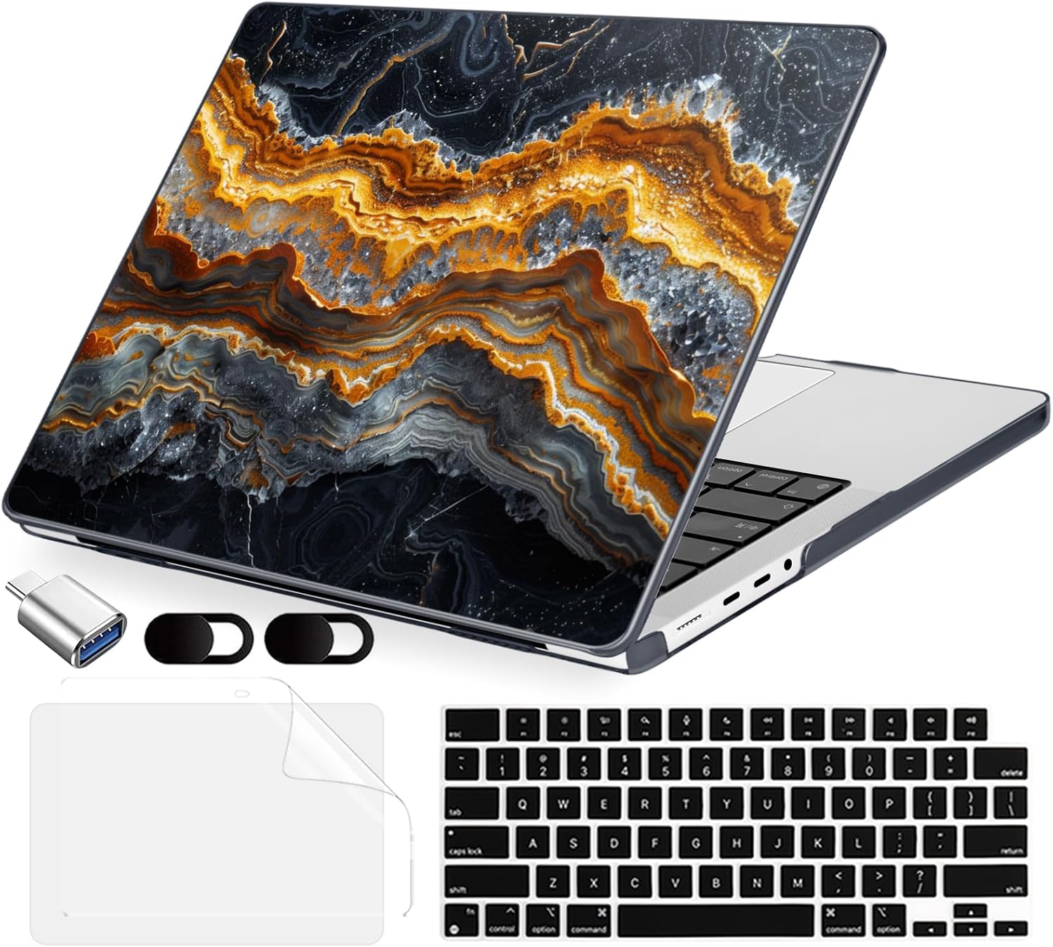 MecBevia Compatible with MacBook Pro 14 inch Case for M5 M4 M3 M2 M1 Pro/Max Chip (2026-2021), Hard Shell Cover with Keyboard Cover, Screen Protector, Webcam Cover & Type-C OTG, Engraved Floral