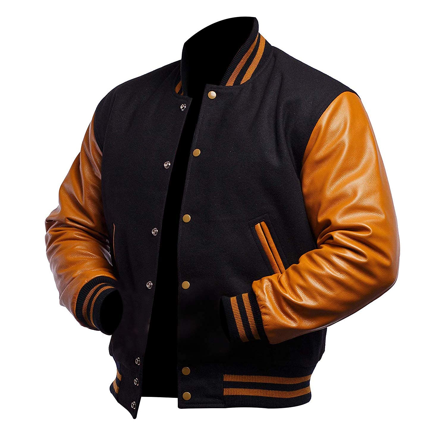 Lp-Facon Men's Black & Gold - Wool & Faux Black Bomber Jacket - Black Letterman Jacket - Black Varsity Jacket
