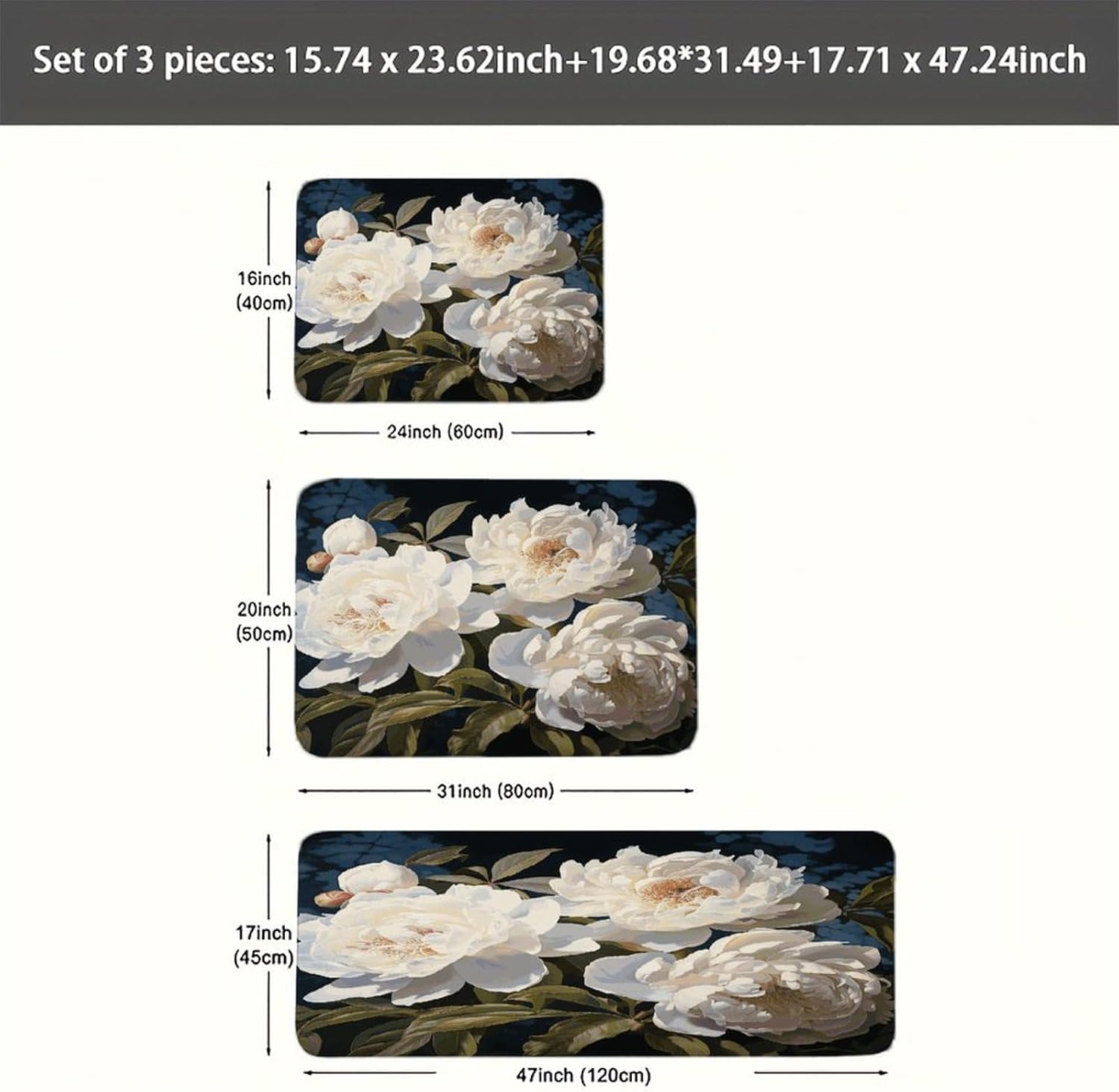 White Peony Kitchen Mats Soft Absorbent Rugs for Floor Non Slip Washable Kitchen Mats Fashion Rectangular Rugs for Three-Piece Set for Laundry Office Home Sink