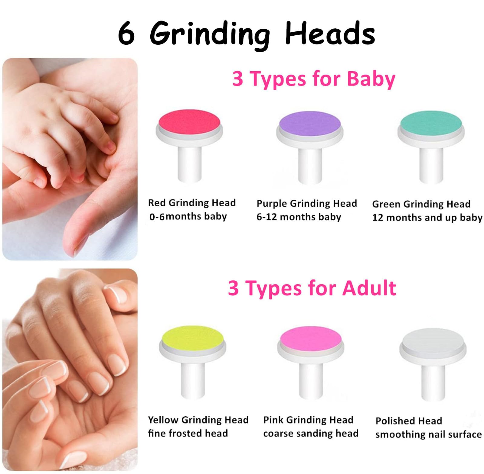 Lima eléctrica de uñas para bebé, cortaúñas para bebé, 6 cabezales de molienda, seguro, fácil y silencioso, kit de cuidado de uñas para recién nacidos, niños y adultos, funciona con pilas (no