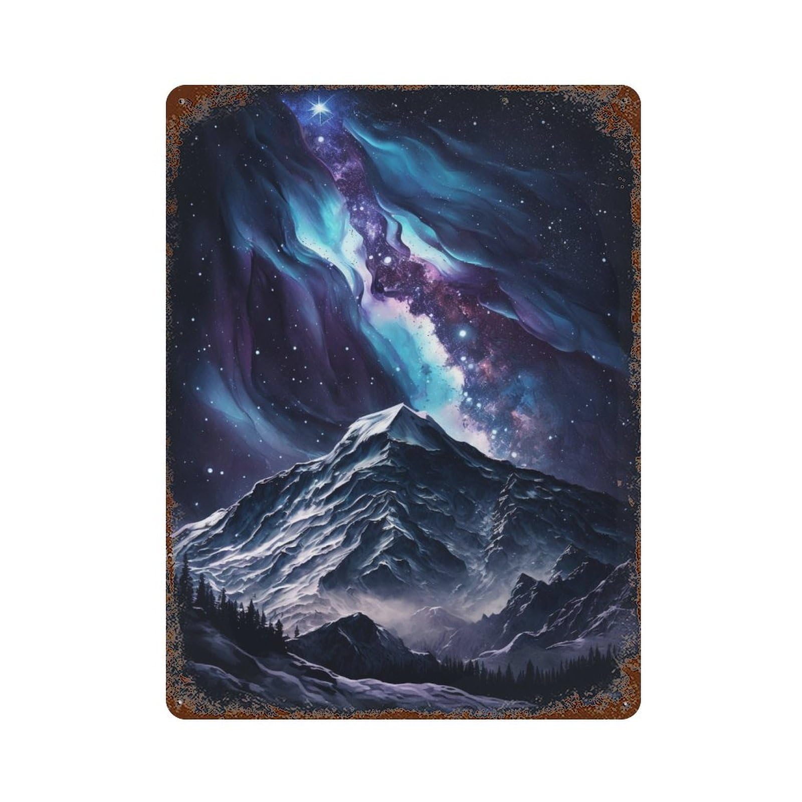 Garage Style Galactic Mountain Night Sky Decorative Tin Sign 15.7"x11.8", Shabby Chic Decor for Bar And Workshop
