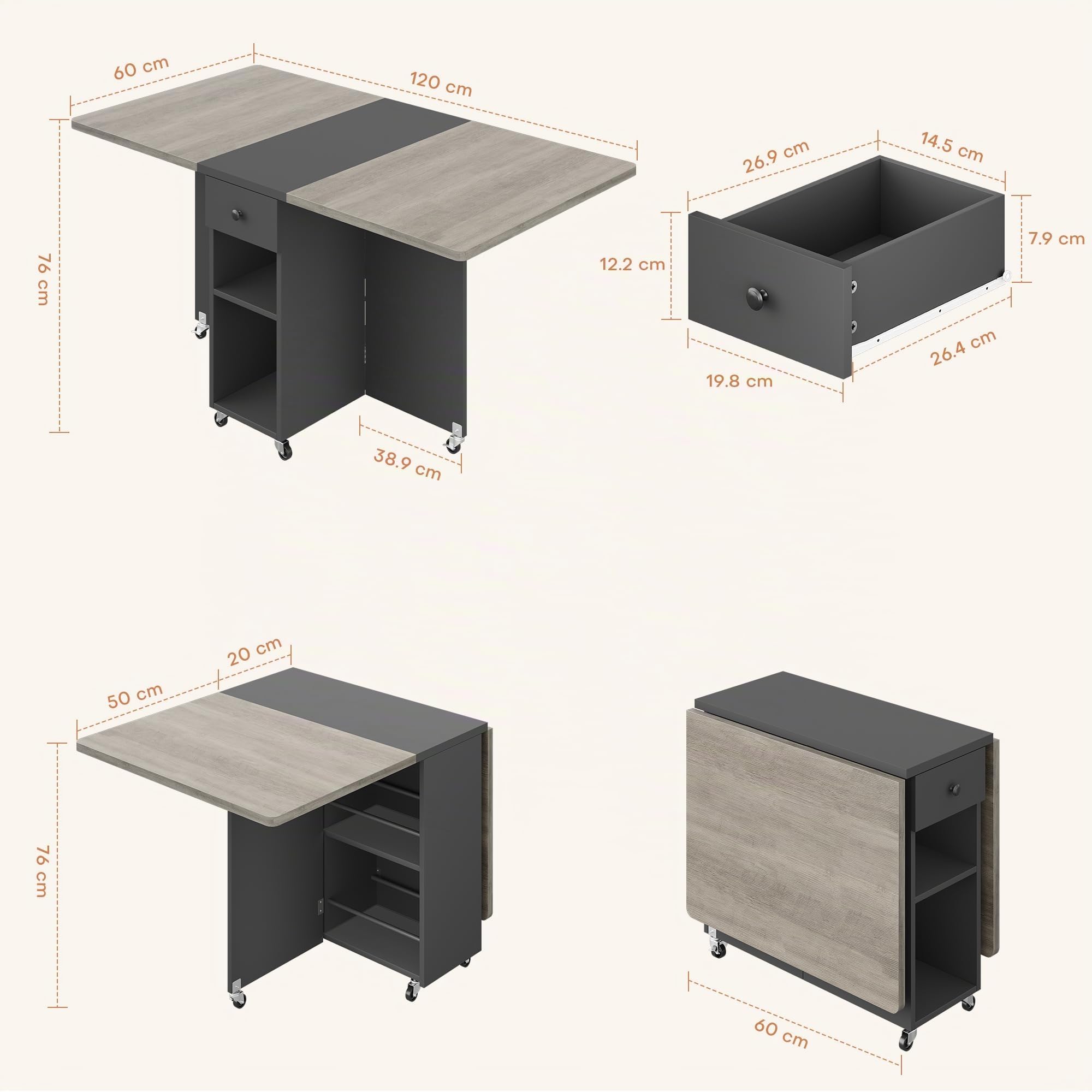 Jocoevol Table à Manger Pliable Gain de Place pour 4 Personnes, Table de Repas Pliante avec Tiroir et étagère de Rangement, Table de Cuisine et de Salle à Manger à Plateau Rabattable équipée (Gris)