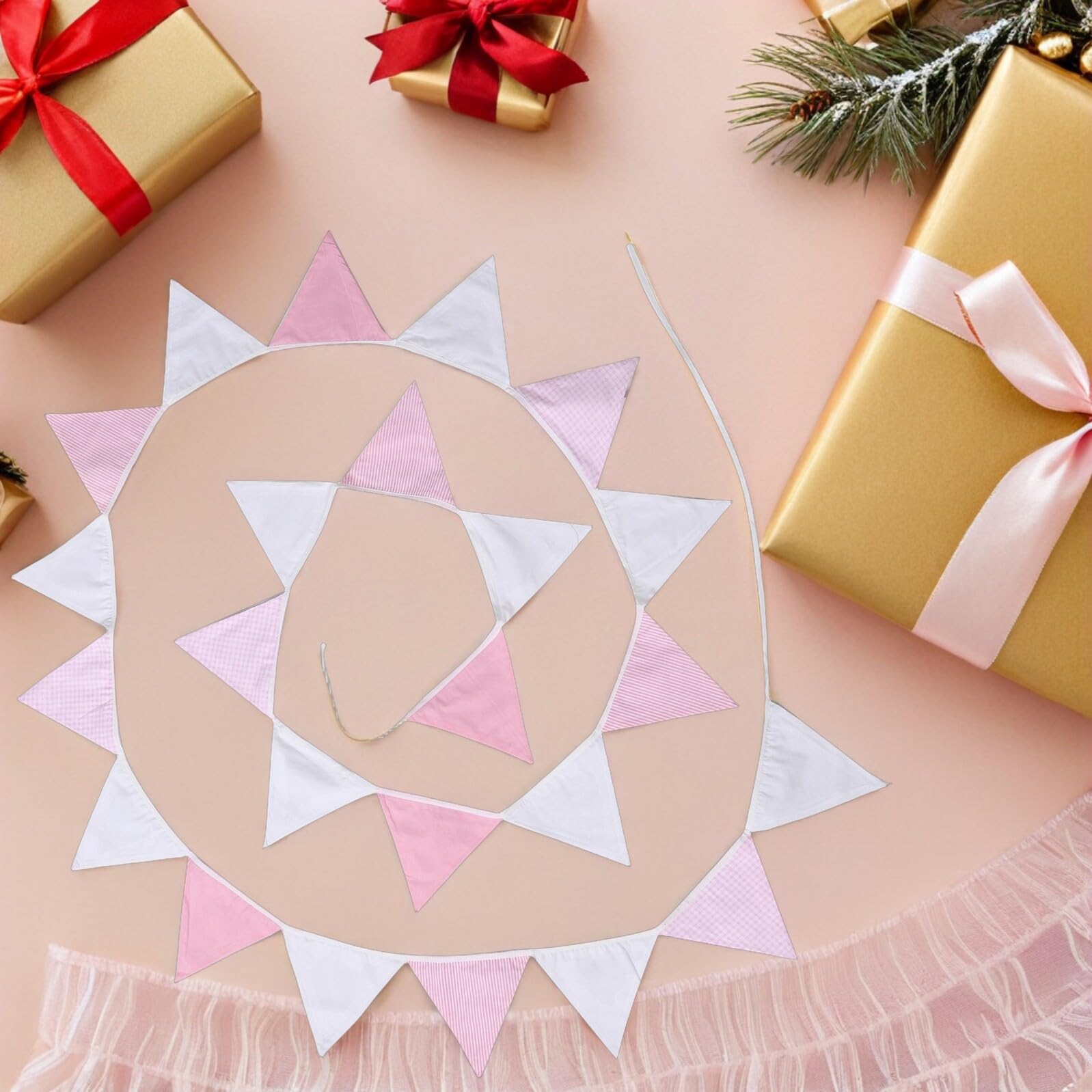 SHINEOFI 2 Piezas Guirnalda de Banderines de Algodón en Triángulo para Decoración de Cumpleaños Infantil y Fiestas, Fácil de Colgar Diseño Encantador para Ambiente Festivo