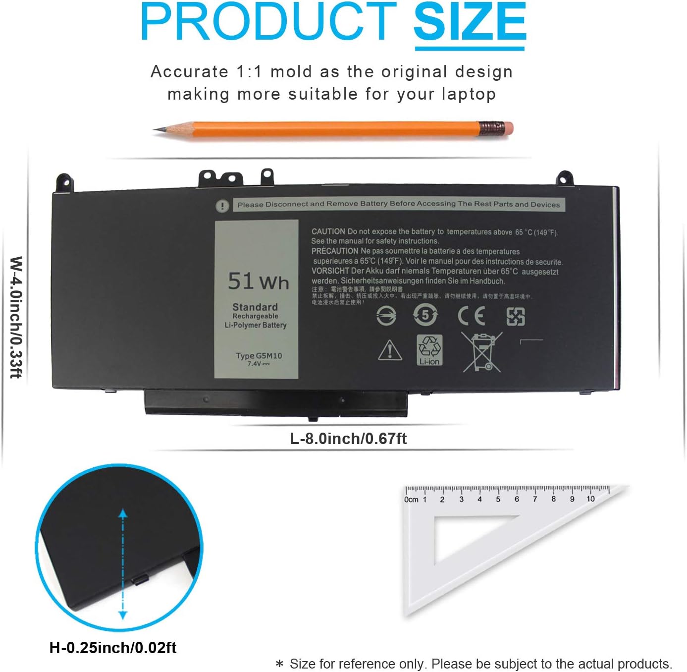 7.4V 51Wh Type G5M10 Laptop Battery Compatible with Dell Latitude E5450 E5550 E5250 15.6 inch 8V5GX R9XM9 WYJC2 1KY05 080-854-0066 0WYJC2 451-BBLN Standard Rechargeable Li-Polymer Battery 4-Cell