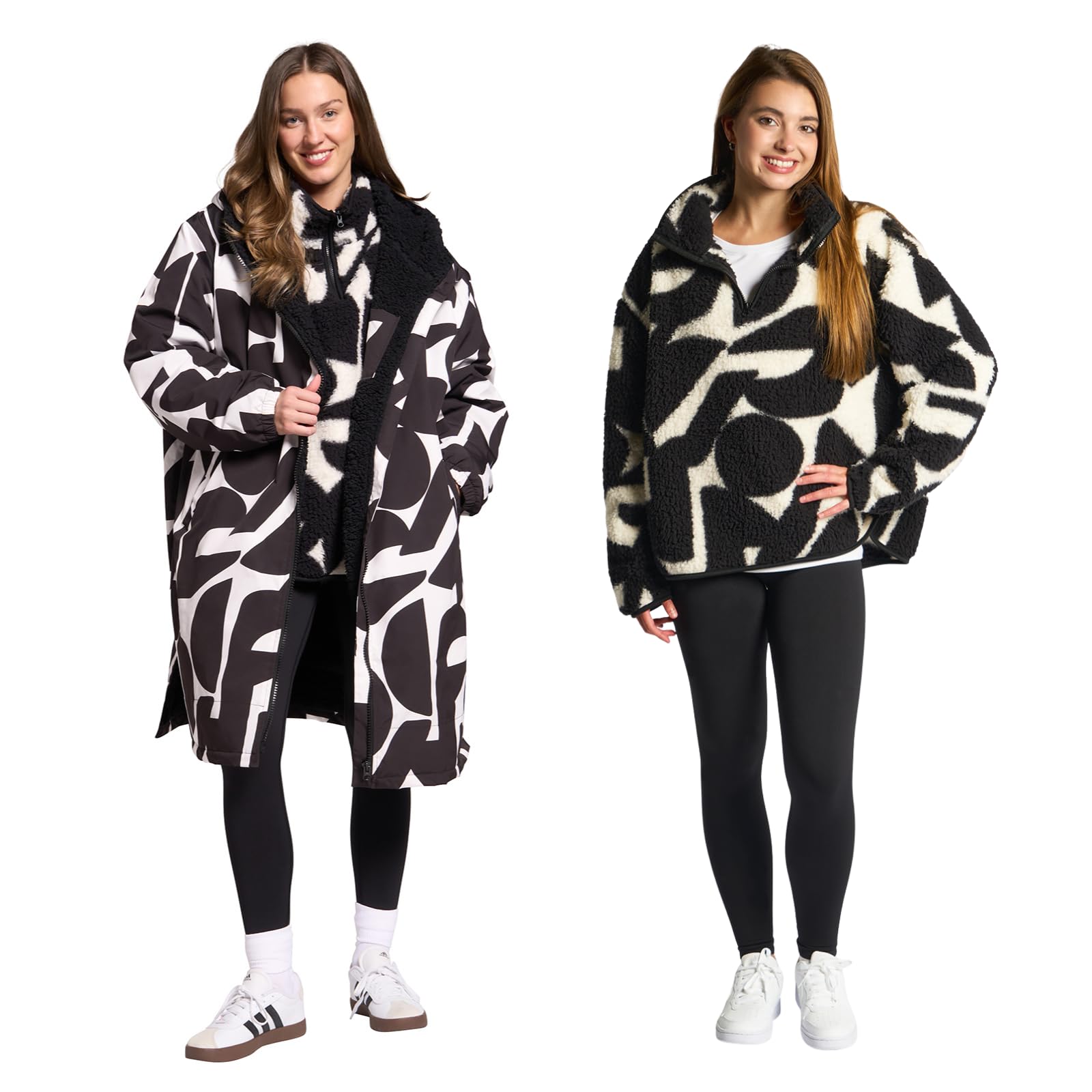 OHS Geometric Waterproof Coat Womens Changing Robe with Hood & Pockets Rain Coat Including Teddy Fleece Pullover Half Zip Women Long Sleeve Womens Clothes for Outdoor Activities, Mono - L/XL