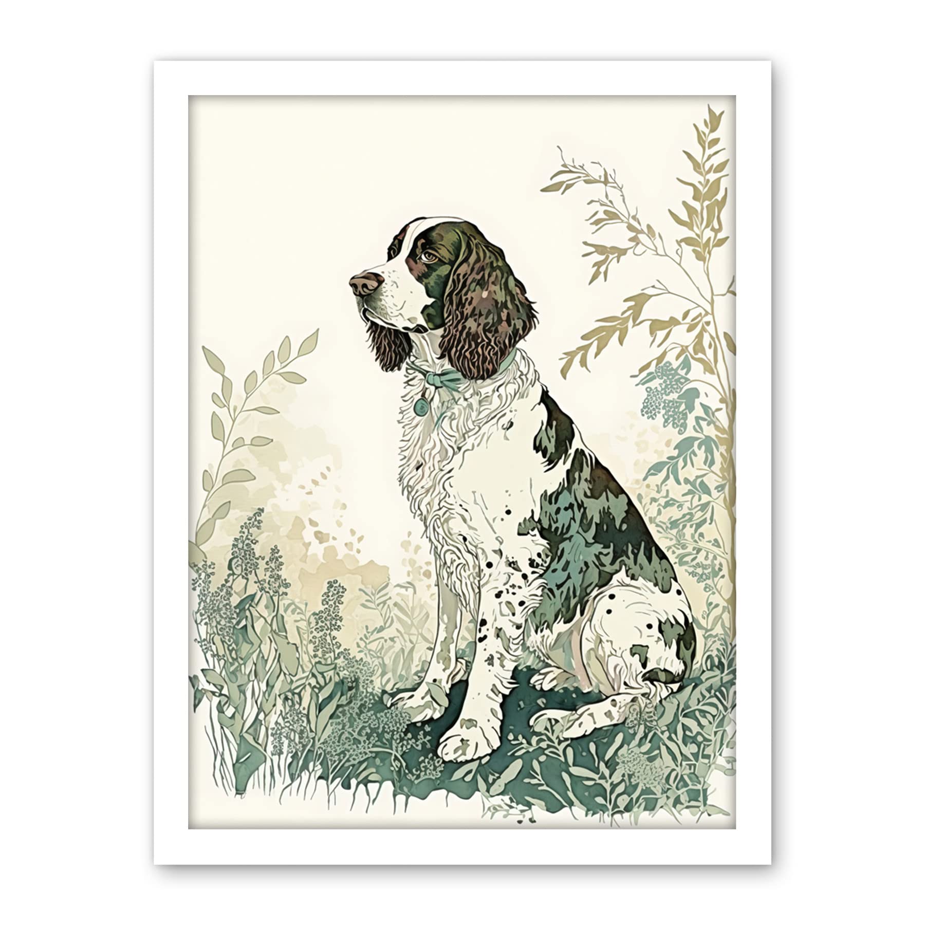 Artery8 English Springer Spaniel Dog in Field Modern Pastel Watercolour Illustration Artwork Framed Wall Art Print 18X24 Inch