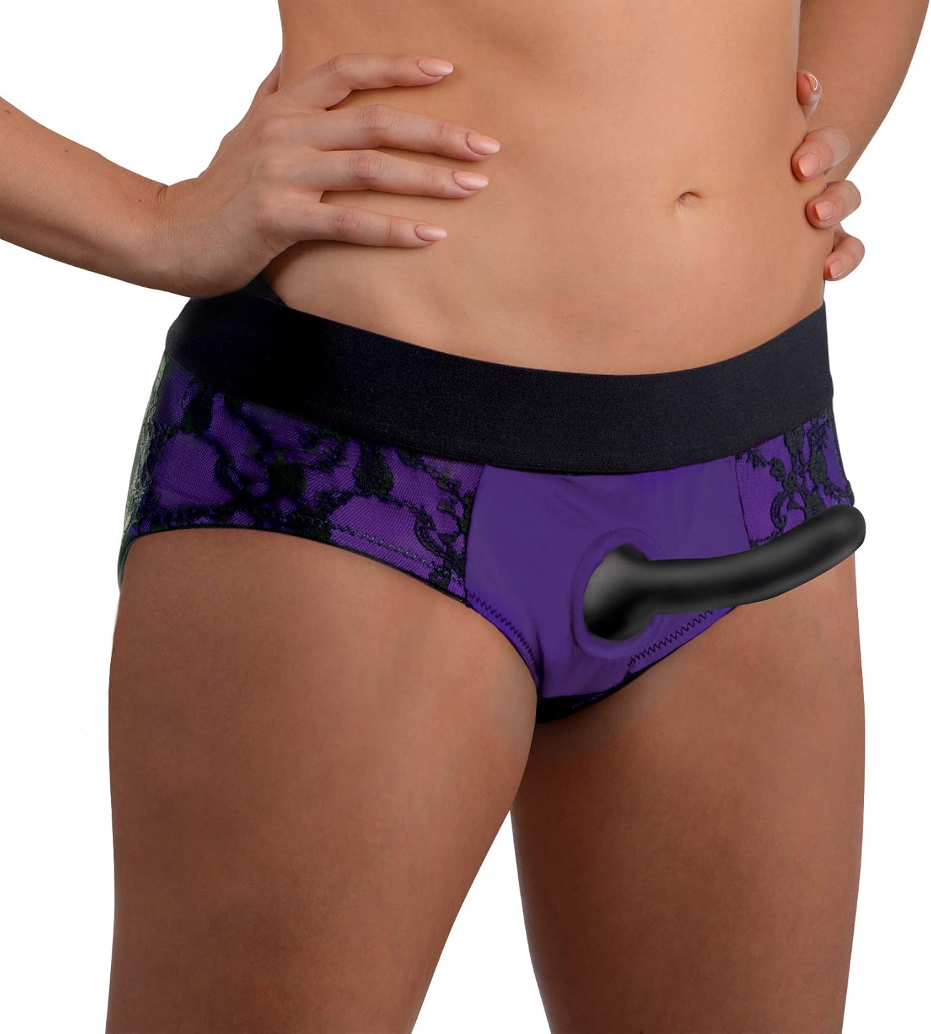 Lace Envy Pegging Set with Lace Crotchless Panty Harness and Dildo - L/XL Purple