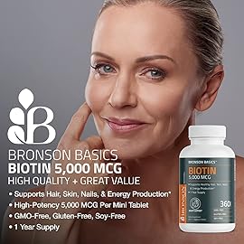Bronson Biotin 5,000 MCG Supports Healthy Hair, Skin & Nails & Energy Production - High Potency Beauty Support - Non-GMO, 360 Vegetarian Tablets