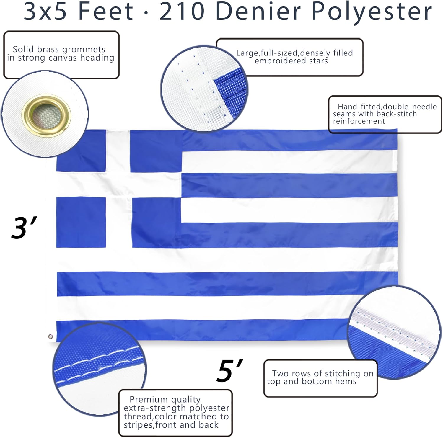 Anley EverStrong Series Greece Flag 3x5 Foot Heavy Duty - Embroidered and Sewn Stripes - 4 Rows of Lock Stitching - Greek National Banner Flags with Brass Grommets 3 X 5 Ft