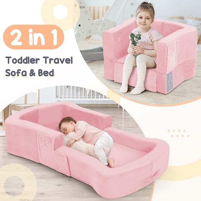 Cama de viaje para niños pequeños whiffee, 2 en 1 plegable portátil con sofá miniatura 4