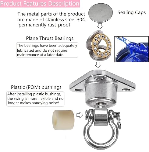 Miniatura 2 de Silent Bearing Swing Hanger resistente, a prueba de óxido SUS, capacidad de 1500 libras, rotación de 360 grados, patio de recreo, porche, yoga,