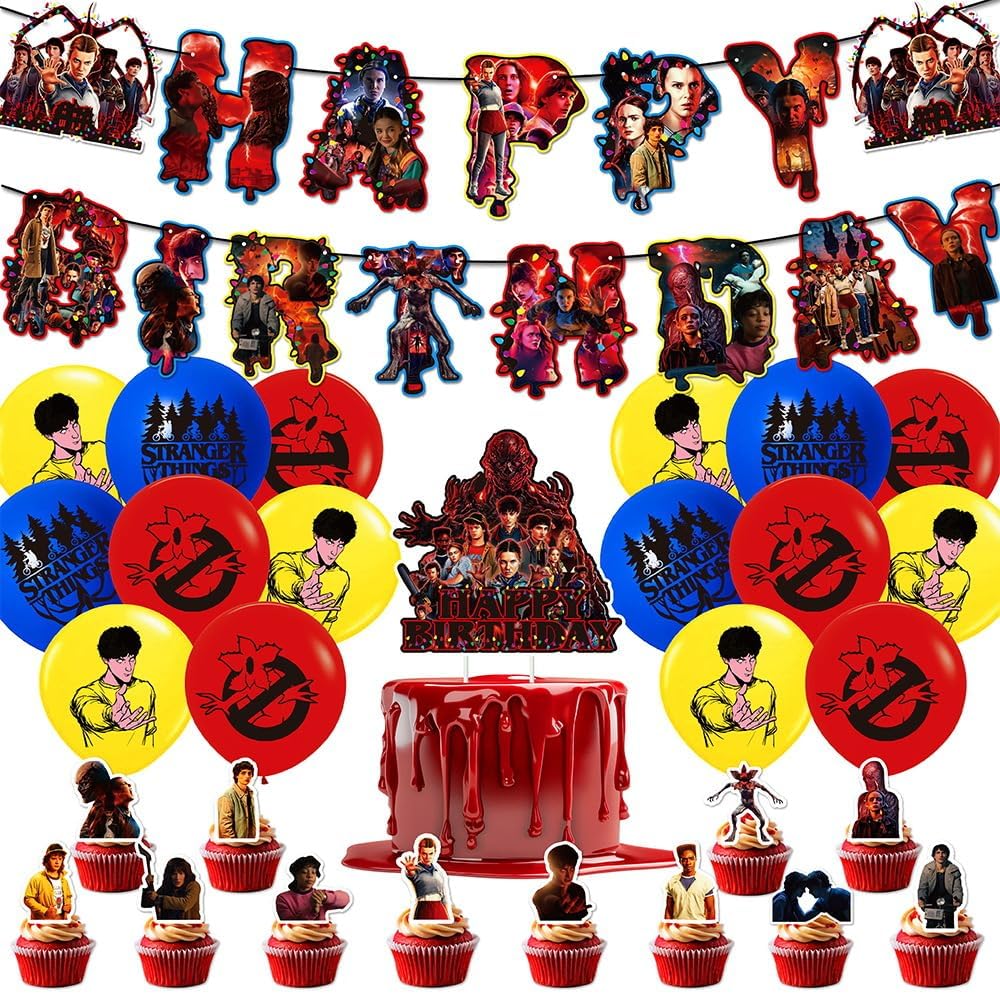 Stranger 5 TV Party Decorations Set, Movie Theme Party Supplies Includes Banner, Balloons, Cake Topper, Cupcake Toppers, Suitable for Boys Girls Themed Birthday Party Decorations