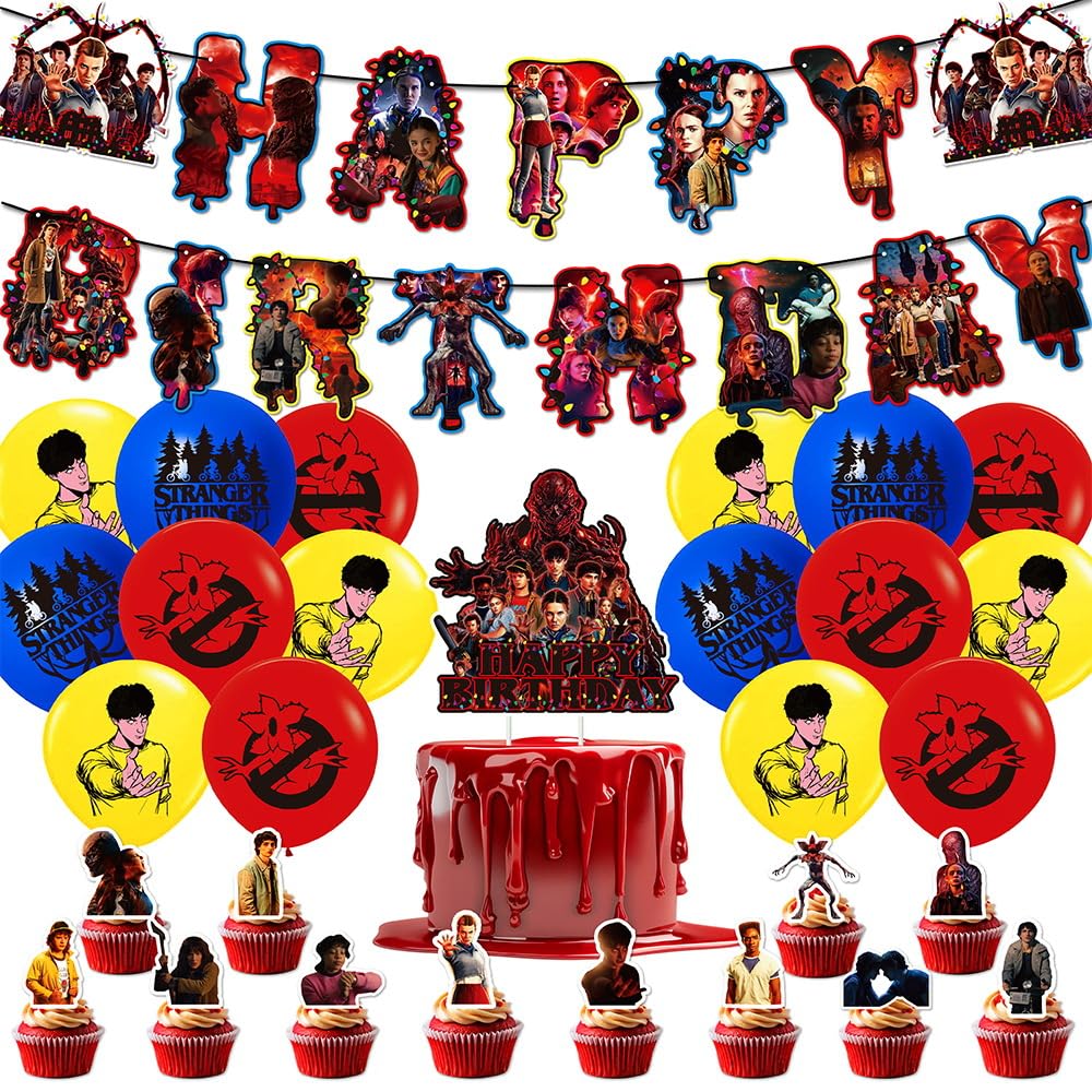 Stranger 5 TV Party Decorations Set, Movie Theme Party Supplies Includes Banner, Balloons, Cake Topper, Cupcake Toppers, Suitable for Boys Girls Themed Birthday Party Decorations