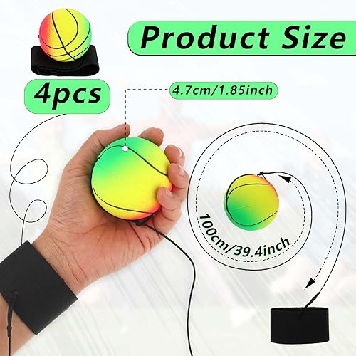 Miniatura 9 de 4 bolas de retorno de muñeca, pulsera de bola de rebote de goma de 2 pulgadas en una cuerda deportiva de muñeca, incluye baloncesto, béisbol