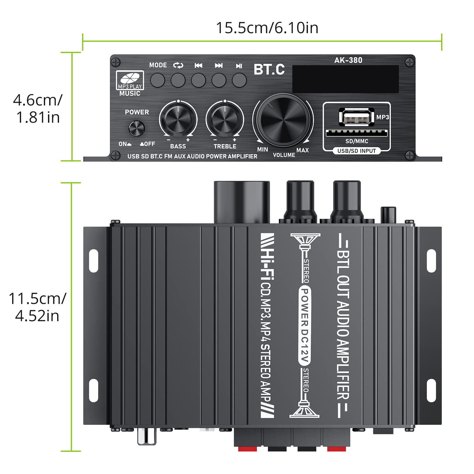 LiNKFOR Amplificateur de Puissance Audio Stéréo Récepteur Bluetooth 5.0 Amplificateur Audio sans Fil 40Wx40W avec LED Support USB SD RCA AUX BT Entrée avec Alimentation pour Téléphone MP3 AV