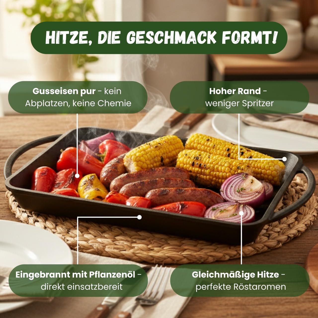 Grillplatte aus Gusseisen inkl. Silikonmatte - geeignet für Induktion, Gas, Ceran, Backofen, Grill und offenes Feuer (Primus)