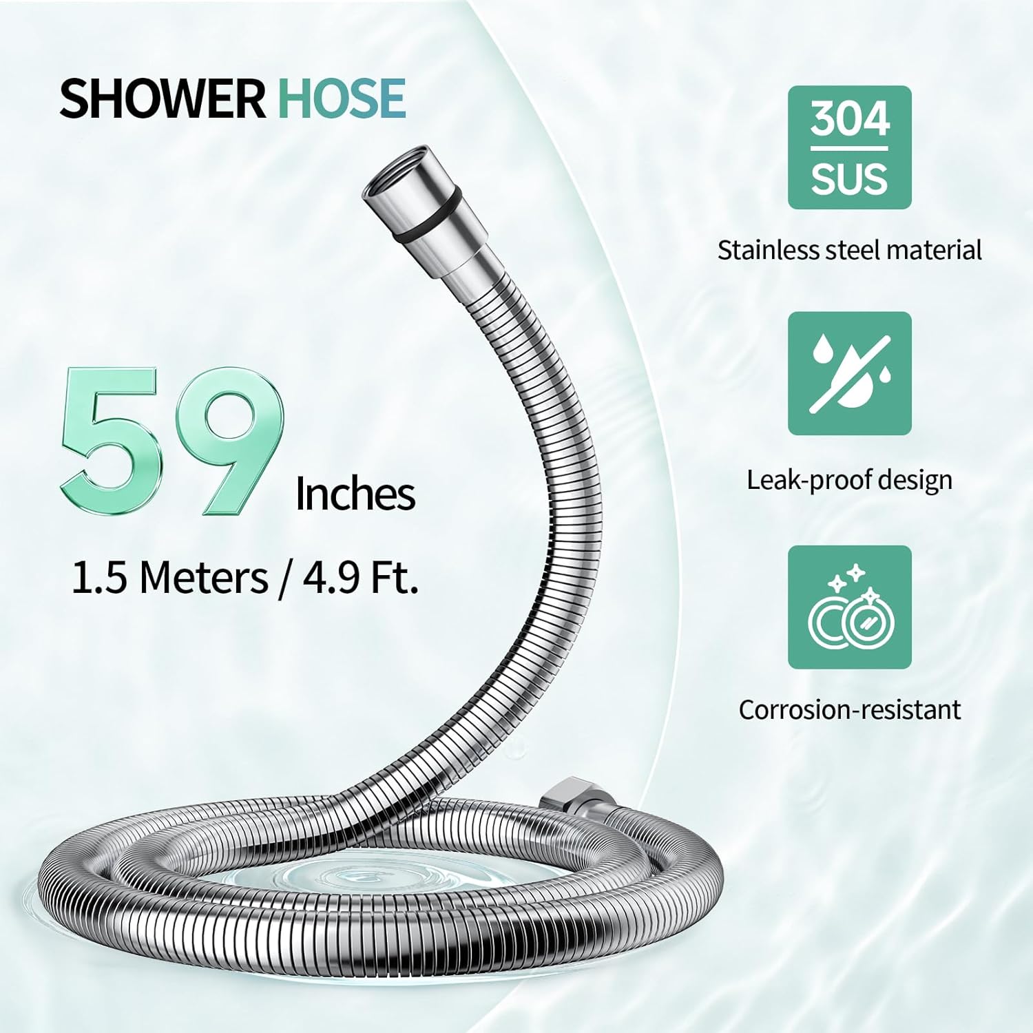 SR SUN RISE 1.5 Meters/59 Inches/4.9 Ft. Flexible 304 Stainless Steel Replacement Shower Hose Extra Long with Brass Fittings. Explosion-Proof. Chrome