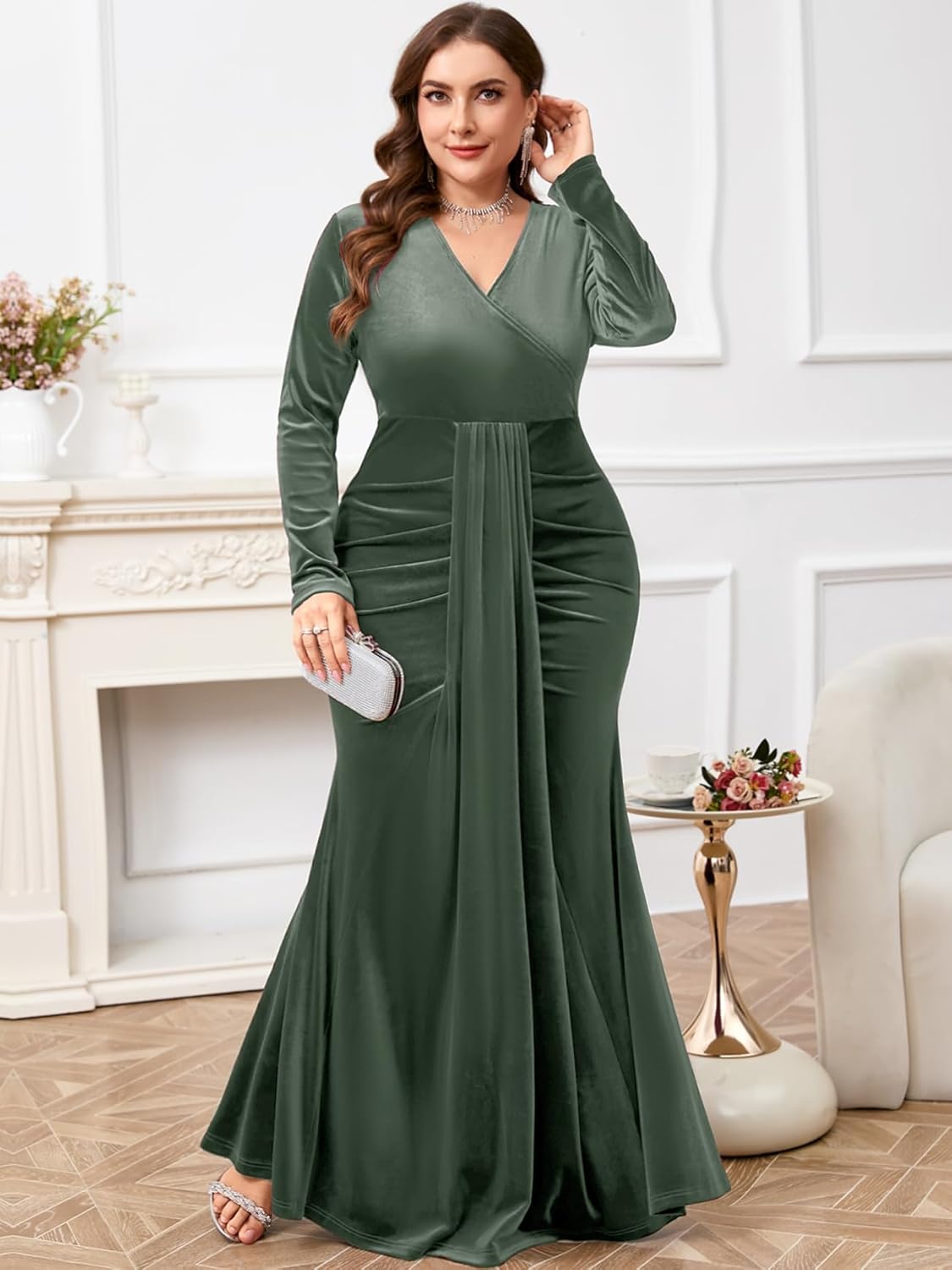 ZOMVA Plus Size Velvet Wrap Dress Long Sleeve V Neck Mermaid Maxi Formal Evening Gowns for Wedding Guest Cocktail Party - Image 6