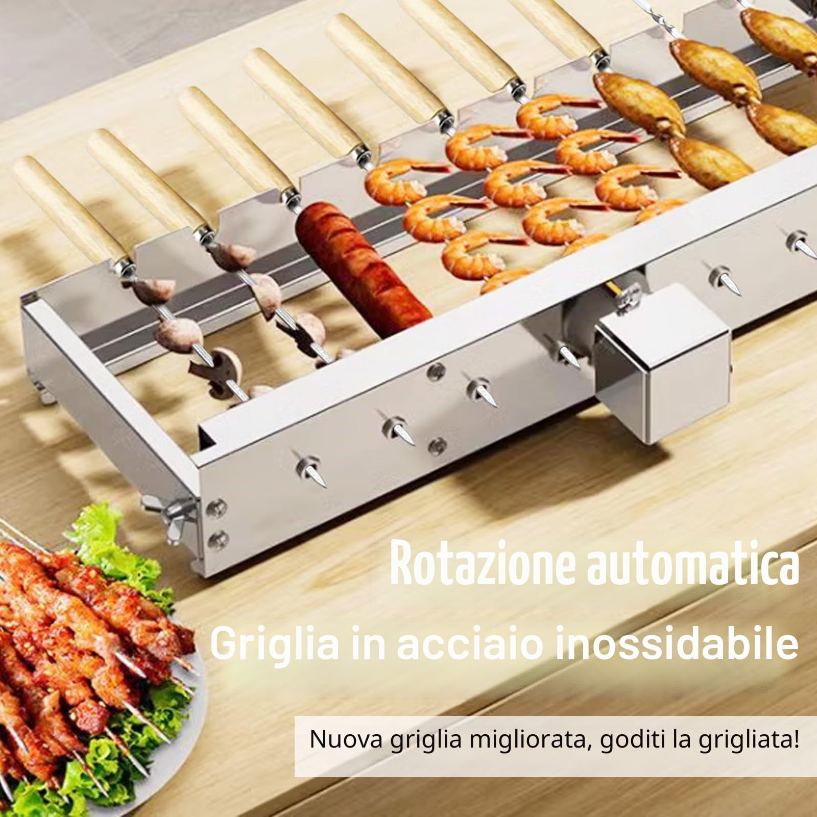 Girarrosto Elettrico, Spiedo Girevole Per Barbecue In Acciaio Inox 50 cm Con Motore USB Accessorio Schaschlik 9 Fori Con 9 Spiedini 5 Giri/Min Larghezza Regolabile Accessori Per Grill Da Giardino