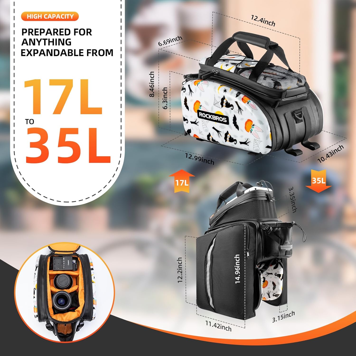 ROCKBROS Bike Rack Bag Trunk Halloween Pattern Waterproof Bike Bags for Bicycle Rear Rack EVA Hard Shell Bicycle Rear Seat Cargo Pack Pannier 35L