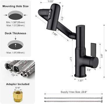 Lefton Rotatable Bathroom Faucet BF2204 with Pop-up Bathroom Sink Drain Stopper Without Overflow D01 (Contemporary, Matte Black)