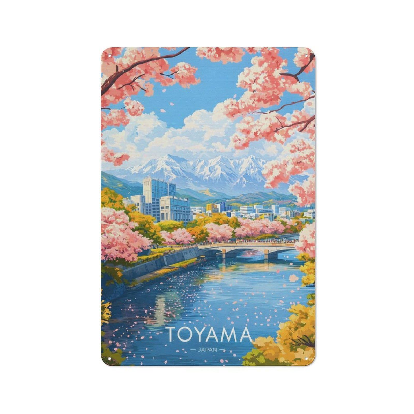 Junmoney Style-11 Toyama Japan Cherry Blossoms And Mountains Printed Metal Sign 30X20cm For Guest Room Or Hallway, For Kitchen, Dining Room And Home Bar Wall Decor