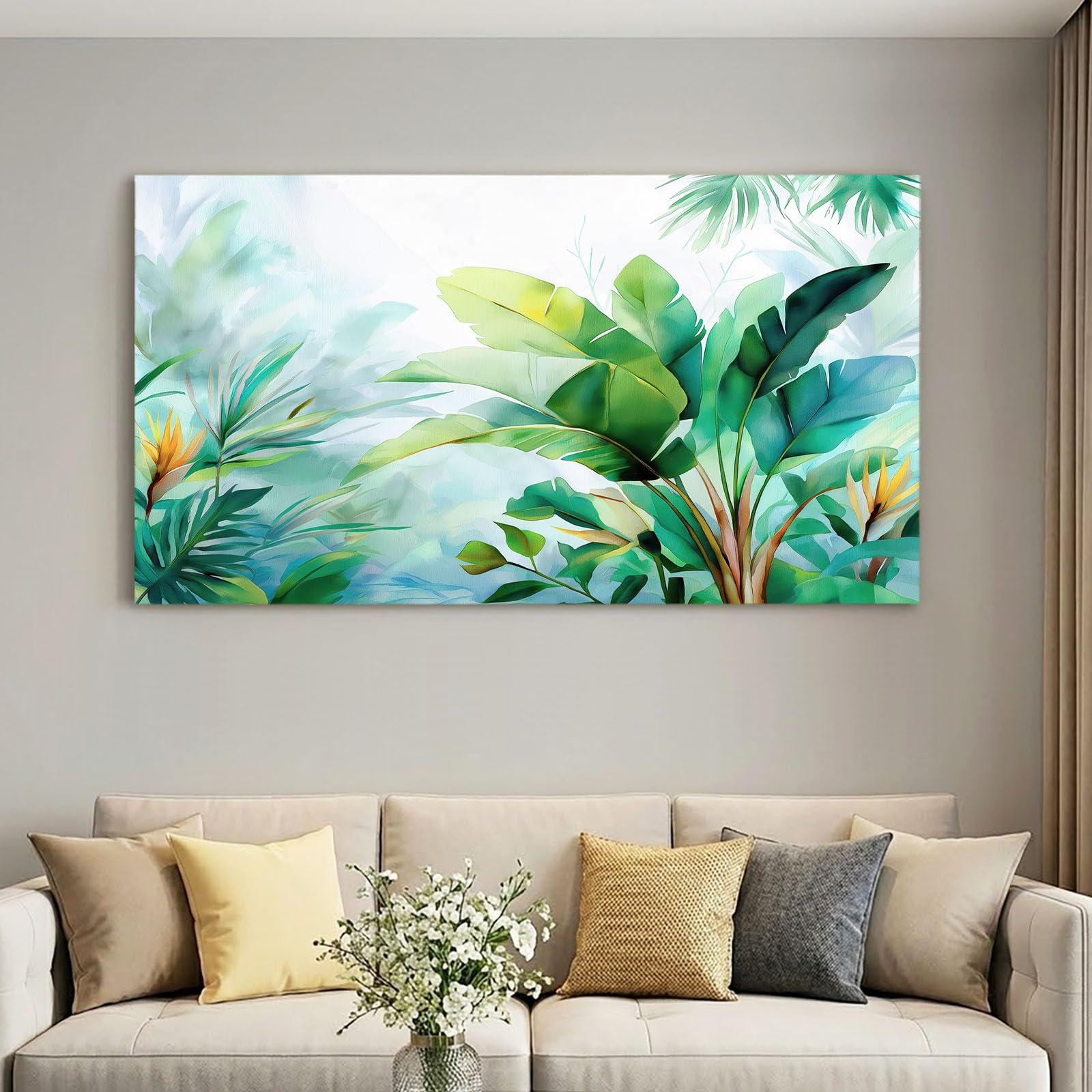 Obraz na płótnie, 140 x 70 cm, tropikalny, sypialnia, łazienka, zielone dżungle, rośliny, liście, dekoracja ścienna do salonu, dekoracja ścienna