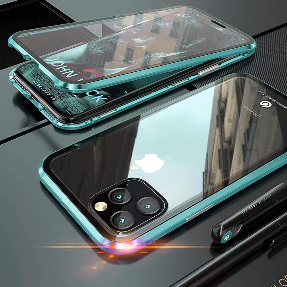 AestCase For iPhone 11 Magnetic Adsorption Technology Cover 360 Degree Front and Back Transparent Tempered Glass Ultra Thin Metal Shockproof Bumper - Green