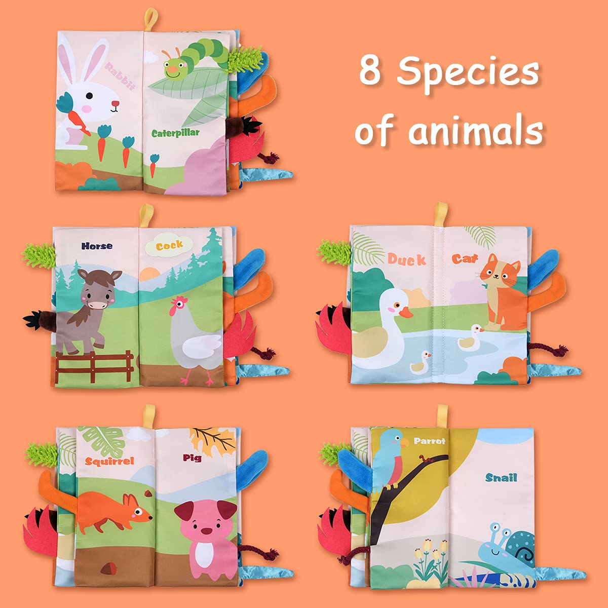 Vicloon Libro di Stoffa, 6 Pagine Libro Bambino in Tessuto, Libri in Tessuto Morbido con Gancio per Passeggino, Libro Interattivo Giocattoli Educativi Regali per Bambino Neonatali