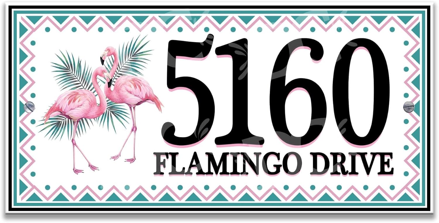 Pink Flamingo House Tile, Flamingo Themed House Number Plaque, Decorative Florida Flamingo House Plaque Large Size