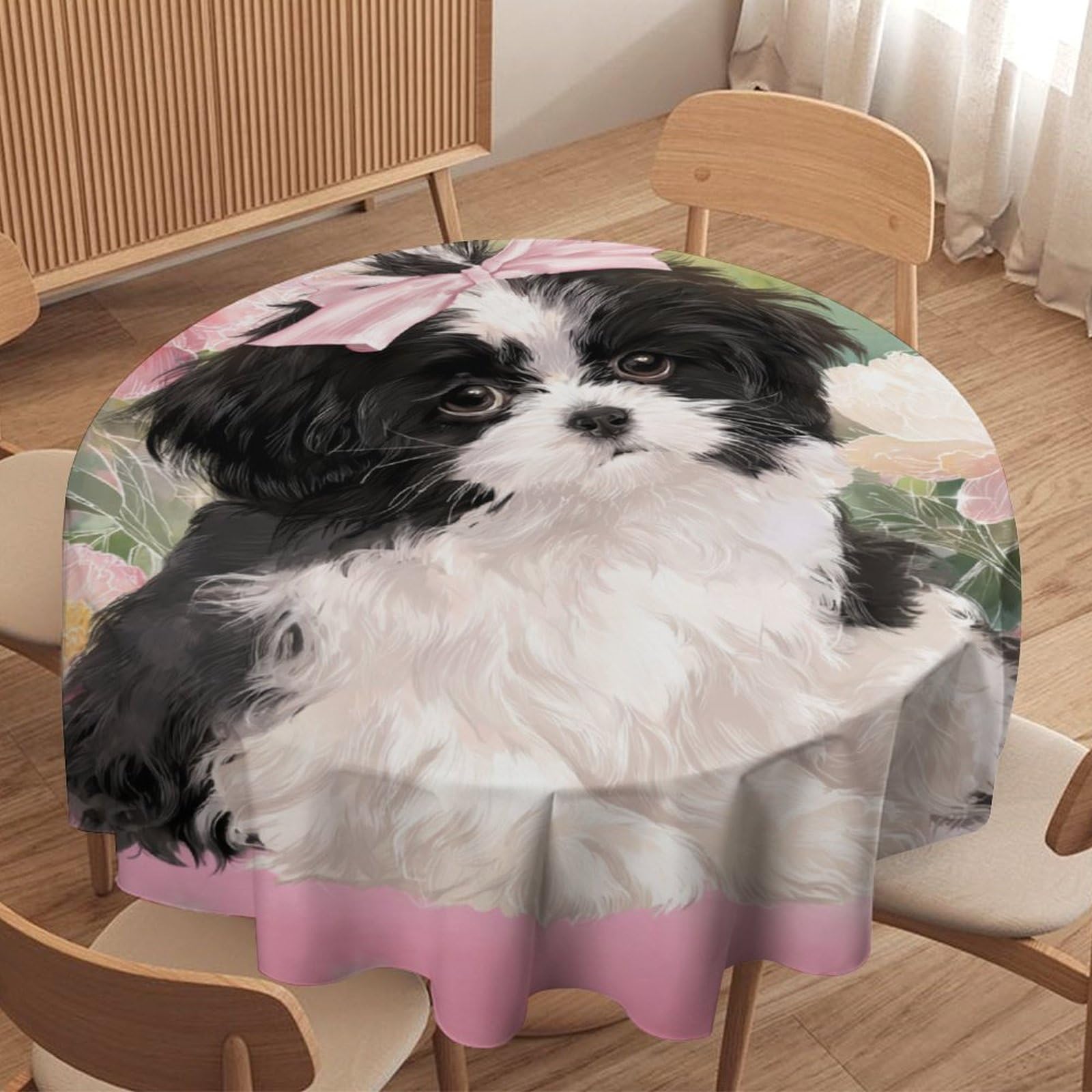 LUYYSKY Classic Realistic Dogs Puppies Round Tablecloth Cute Oil Painting Plant Flowers Animals Dogs Pattern Washable Decor for Table Cover for Kitchen-127 Wx127 L cm