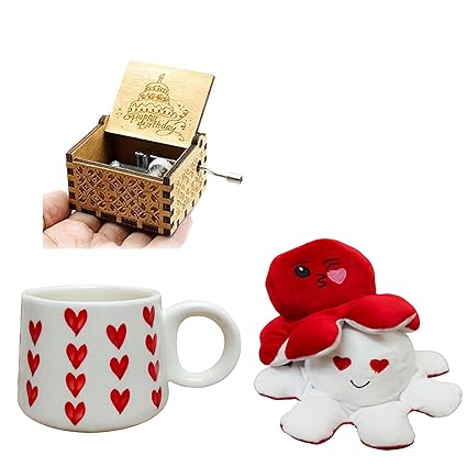 ArtZillaa Best Birthday Gift Combo Handcrafted Ceramic Heart Mug, Reversible Octopus, Happy Birthday Music Box