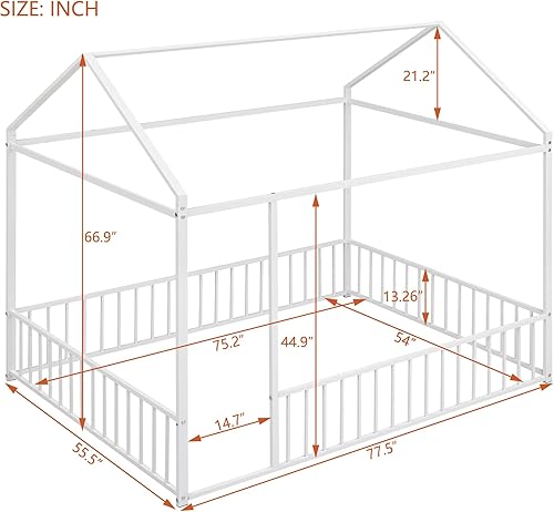 Miniatura 2 de Cama de metal de tamaño matrimonial con valla para niños, adolescentes, niñas, niños, cama de piso de casa, camas Montessori, se puede decorar marco