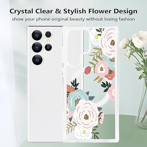 Miniatura 8 de Tcaraersing Funda magnética para Samsung Galaxy S24 Ultra Flower compatible con MagSafe, bonito patrón floral, transparente, a prueba de golpes,