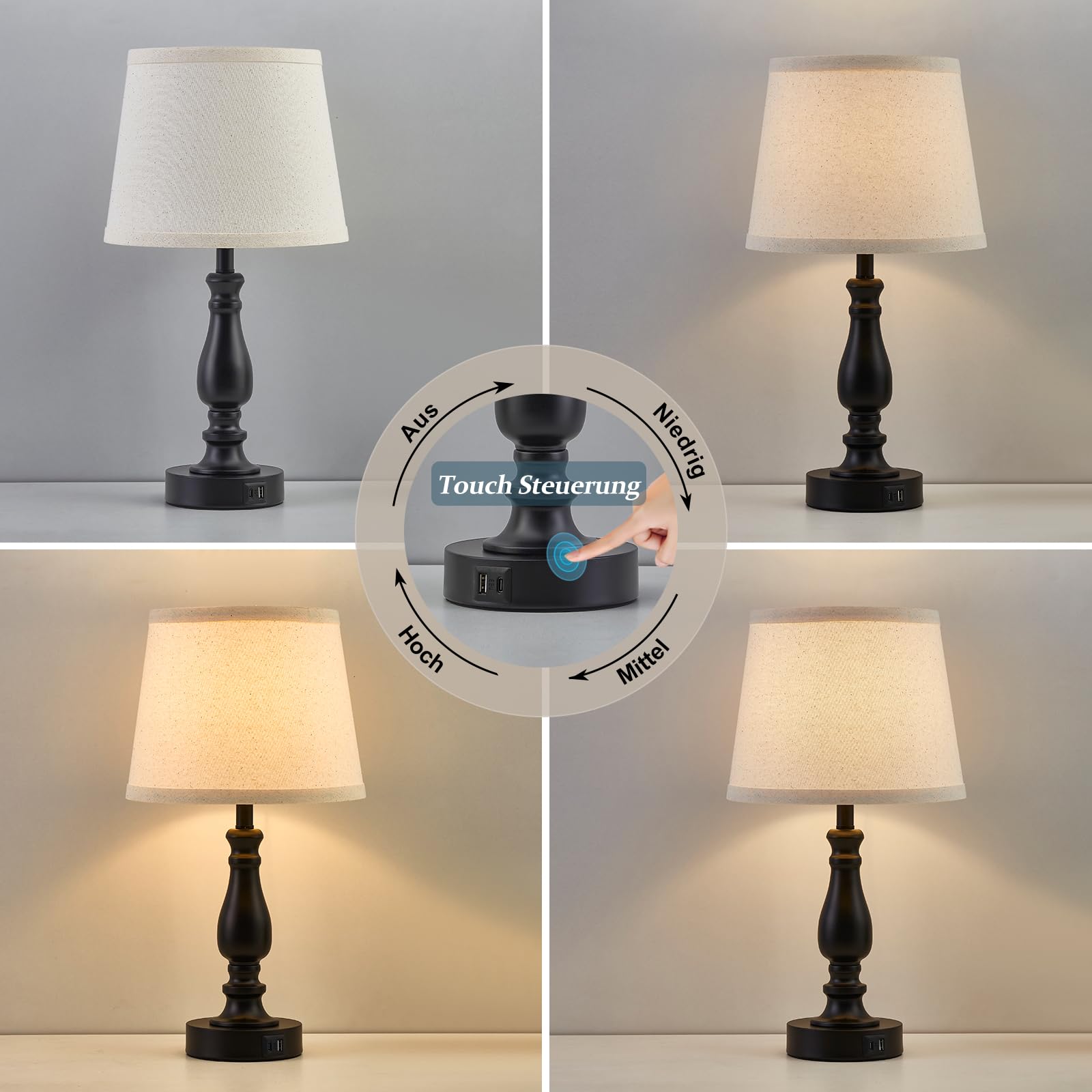 GyroVu Nachttischlampe 2er Set, Touch Bedside Lamps mit USB A+C Ladeanschlüssen, Tischlampe mit Kabel, 3-Stufig Dimmbar Table Lamp für Schlafzimmer Wohnzimmer Hotel Büro (LED-Birne Inklusive)