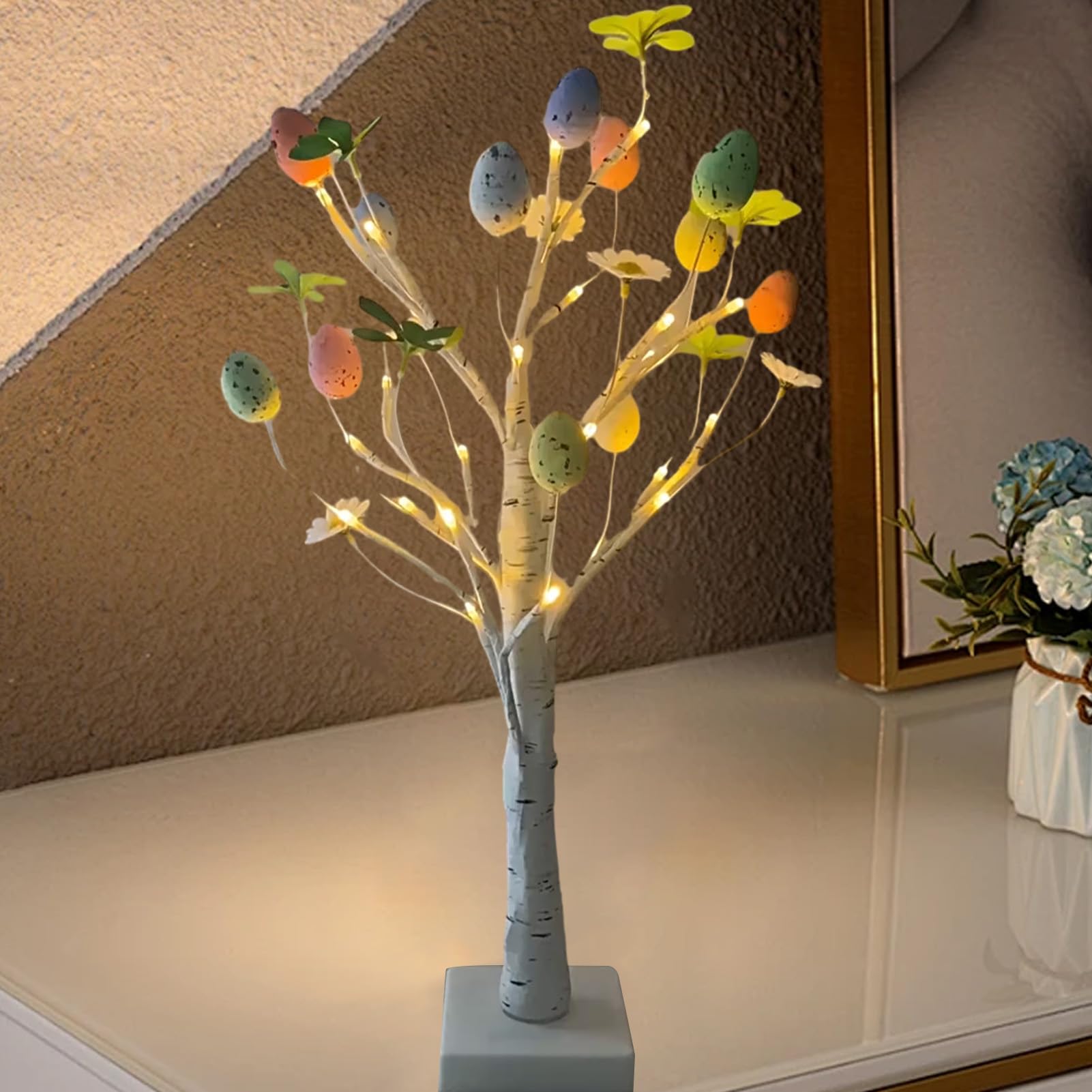 Albero di Pasqua con luci, 60 cm, bianco da tavolo, con ramoscello di Pasqua, pre-illuminato con 24 LED, decorazioni incluse : 1