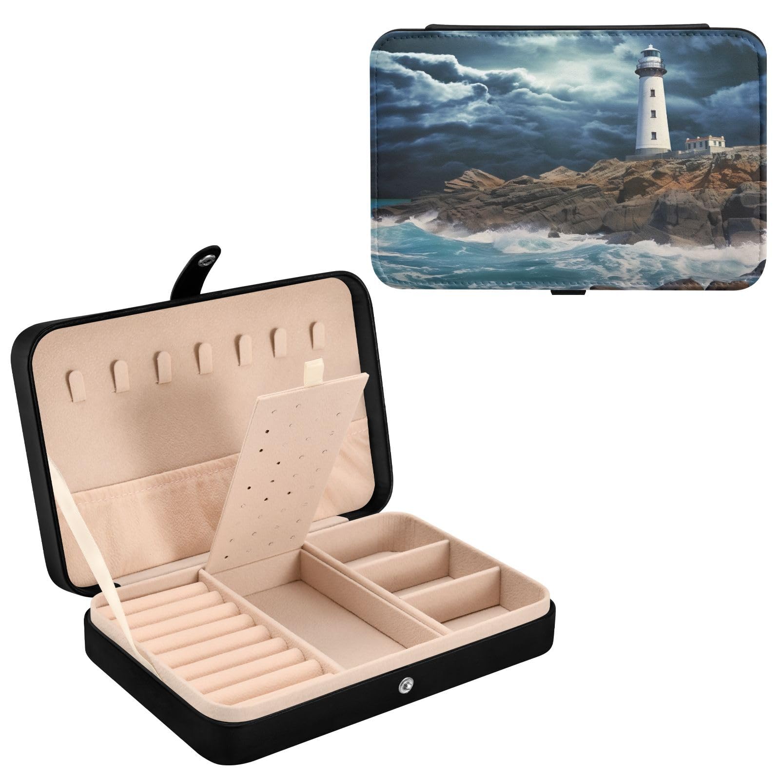 Haskirky Lighthouse Jewelry Box Portable PU Leather Travel Jewelry Organize for Women Jewelry Storage Display Holder for Ring, Necklace, Earring