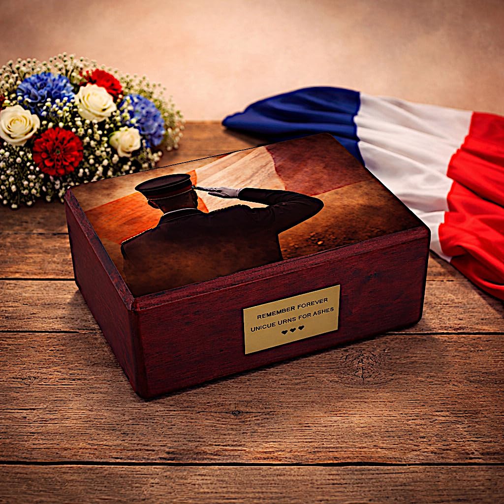 French Soldier Urn for Ashes Military Wooden Cremation Urn, Adult Size Casket