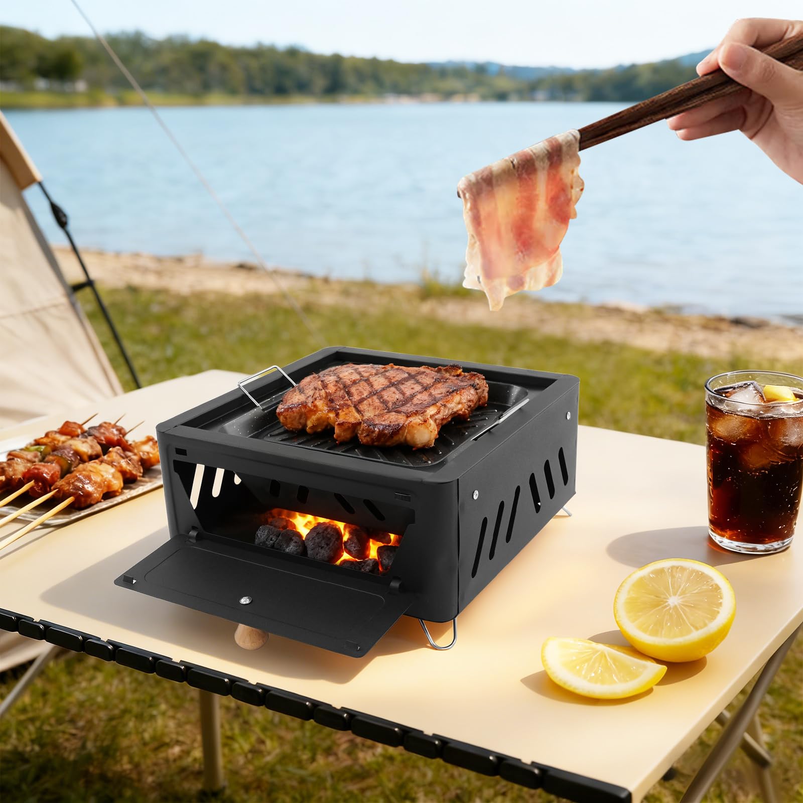 Barbacoa portátil de carbón vegetal, hornillo de camping con parrilla, mini barbacoa de mesa para picnic y preparación de té (negro)