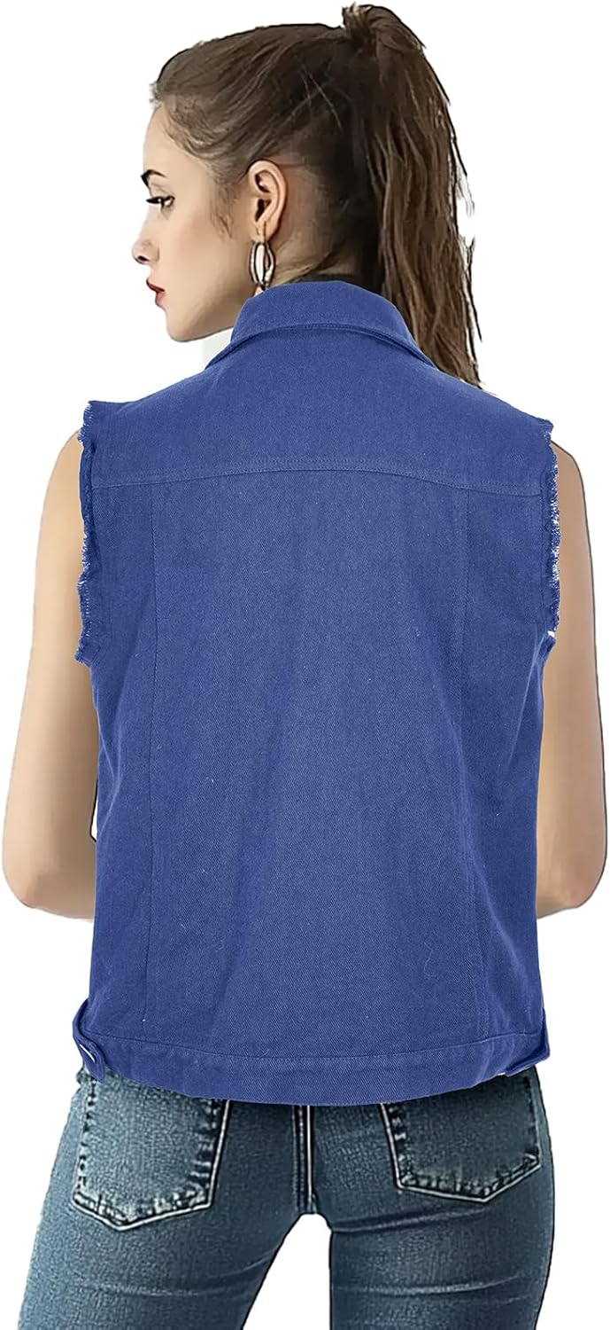 Women's Lapel Blue Denim Vest Buttoned Vest Jacket - Image 3