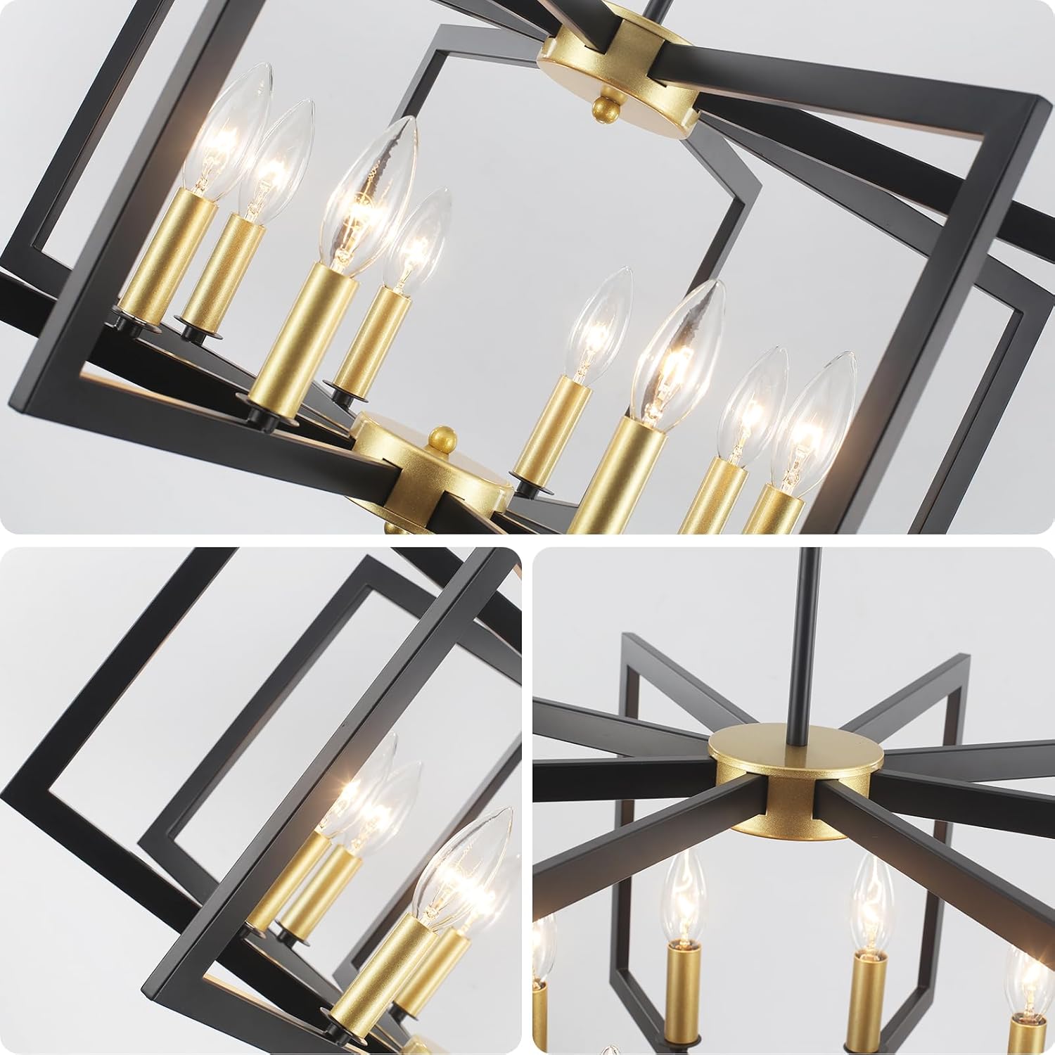 Black and Gold Chandelier 8 Light Large Farmhouse Geometric Chandelier for Dining Room Kitchen Chandeliers Over Table Metal Modern Pendant Lighting Fixtures for Living Room Entryway Foyer Hallway