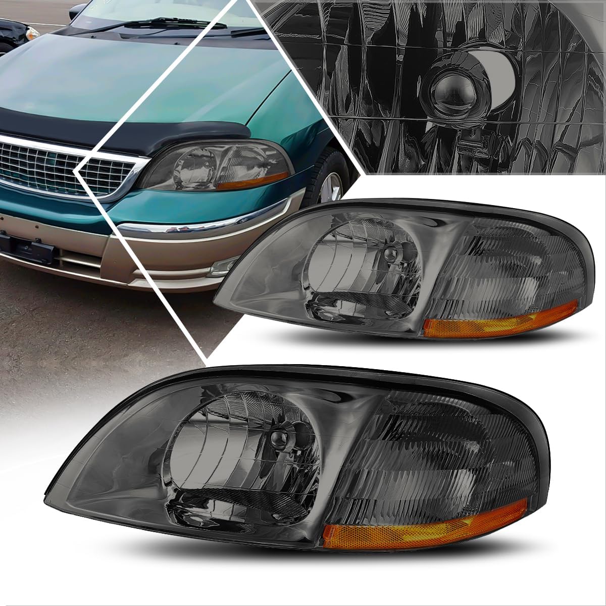 PM PERFORMOTOR Headlights Assembly Compatible with 1999-2003 Ford Windstar, 2Pcs Headlamps with Amber Corner