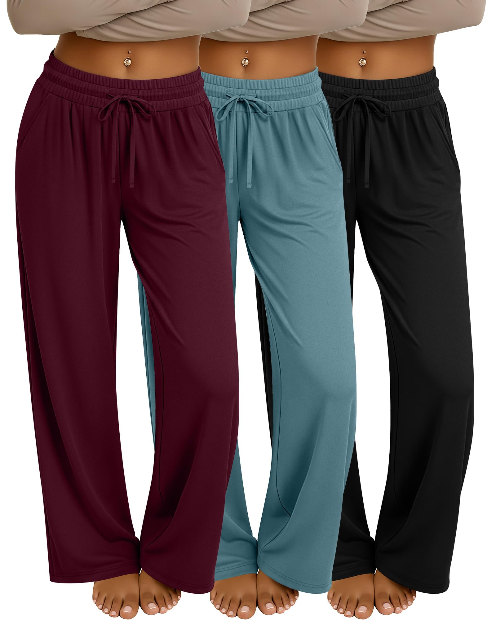 Photo 1 of Neer 3 Pack Women's Baggy Sweatpants with Pockets, Wide Leg Yoga Pants Cozy Thick Lounge Pants Drawstring Casual Loose Jogger(Medium,Black, Burgundy, Lake Green)