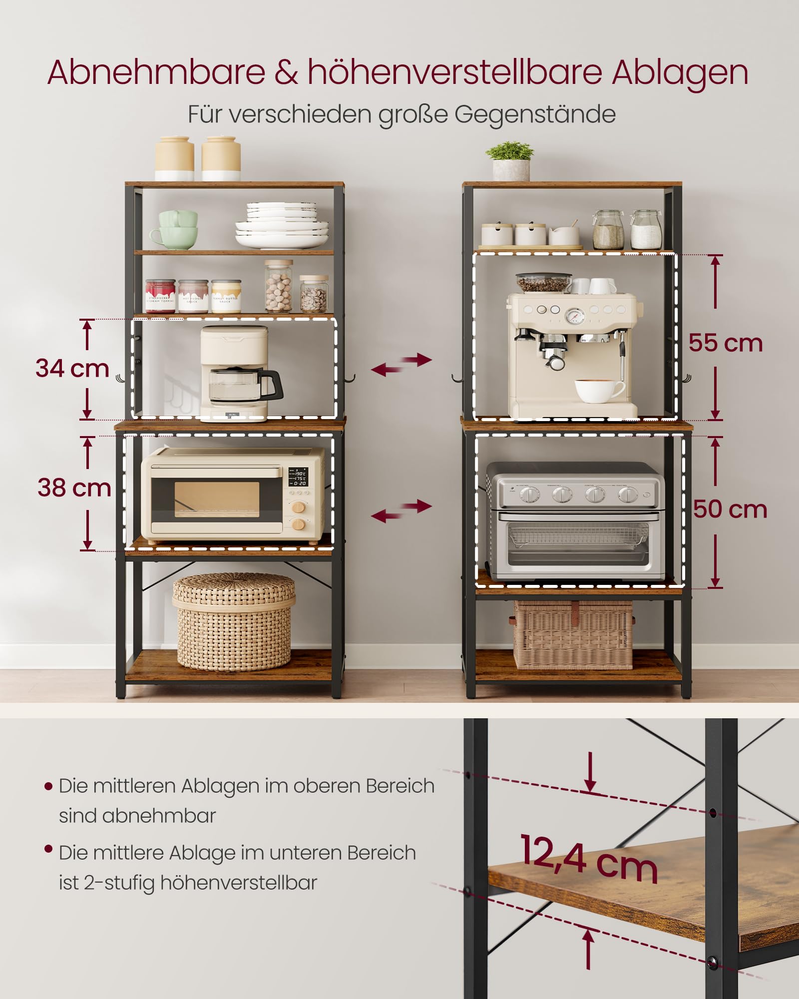 VASAGLE Küchenregal, Standregal, Mikrowellen-Regal, stehend, 6 Ablagen, 6 Haken, Stahlrahmen, Industrie-Design, 40 x 60 x 167 cm, vintagebraun-tintenschwarz KKS024B01